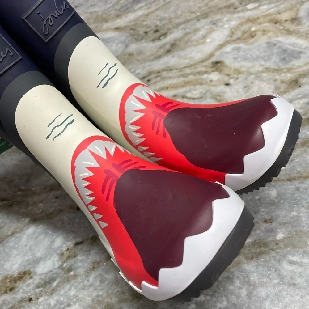 NEW Joules Boys Blue Shark Roll Up Rain Boots Rubber Size US 12